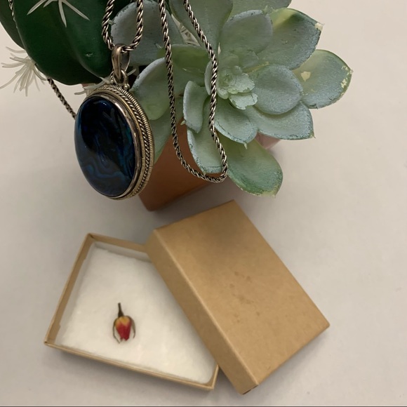 Druzy Agate turquoise blue mother of pearl gemstone pendant +chain 925 sterling - Picture 8 of 10